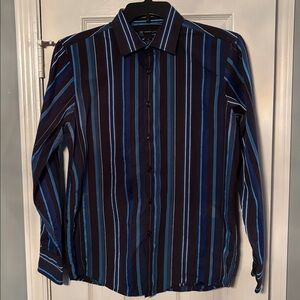 INC International Concepts Long Sleeve Blue & Black Striped Dress Shirt